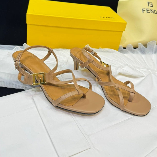 FENDI FFOLD MEDIUM-HEELED 55 MM SANDALS IN BRONZE BROWN LAMBSKIN WITH GOLD HARDWARE
