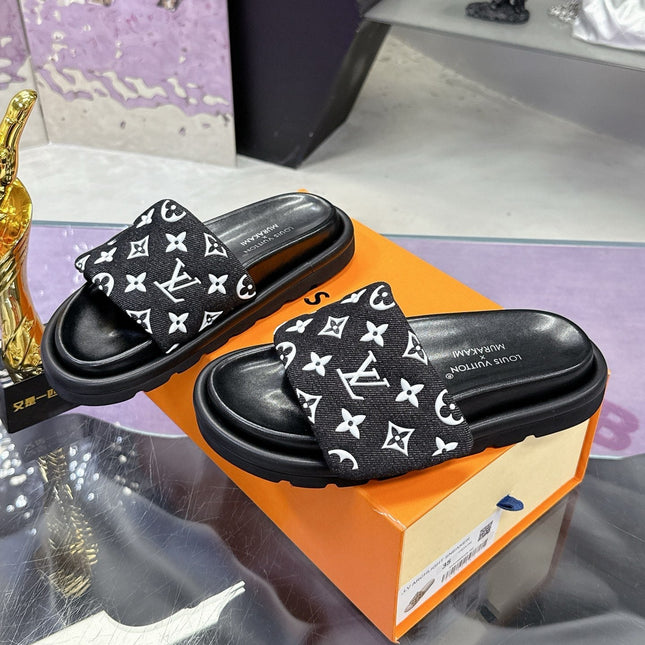 LV 26S POOL PILLOW SLIDES IN BLACK WHITE MONOGRAM DENIM AND CALFSKIN