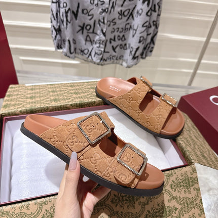 SANDALS IN BURNT ORANGE SUEDE EMBOSSED LOGO SILVER HARDWARE