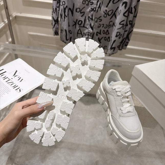 PRADA 26S GEAR SOLE SNEAKERS IN WHITE SUEDE AND MESH
