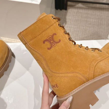 CELINE 25S HIGH HEELED LACE UP BOOTS 50MM IN DARK ORANGE SUEDE