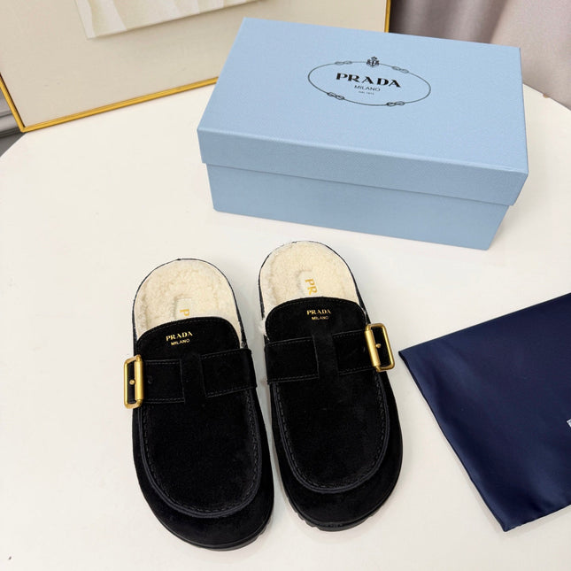 PRADA 26S SHEARLING-LINED MULES IN BLACK SUEDE