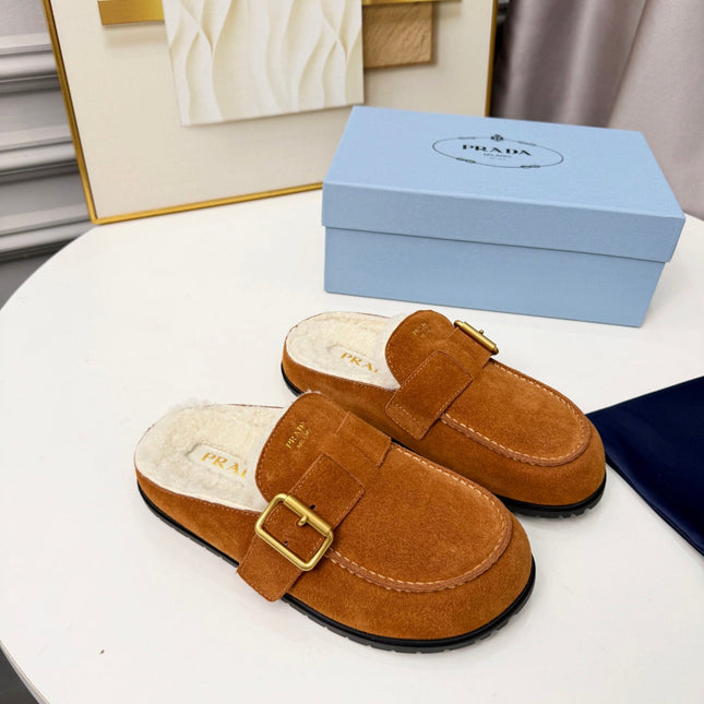PRADA 26S SHEARLING-LINED MULES IN COGNAC BROWN SUEDE