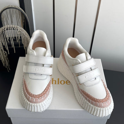 CHLOE 26S PLATFORM SNEAKERS IN WHITE AND LIGHT PINK CALFSKIN