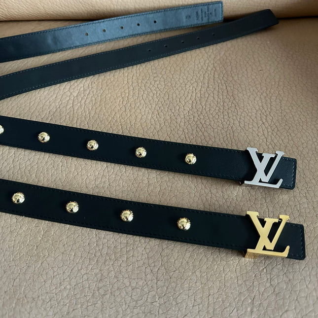 LV Initiales Studs 30mm Reversible Belt Silver Buckle Black Leather