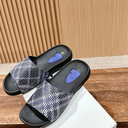 BURBERRY 26S SLIDE SANDALS IN BLACK AND BLUE CALFSKIN