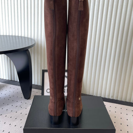 CHANEL 26S KNEE BLOCK HEEL BOOTS 50MM IN CHOCOLATE BROWN SUEDE GOLD HARDWARE