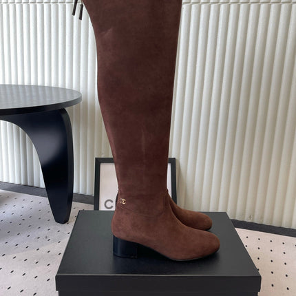 CHANEL 26S KNEE BLOCK HEEL BOOTS 50MM IN CHOCOLATE BROWN SUEDE GOLD HARDWARE
