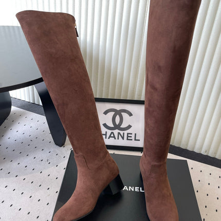 CHANEL 26S KNEE BLOCK HEEL BOOTS 50MM IN CHOCOLATE BROWN SUEDE GOLD HARDWARE