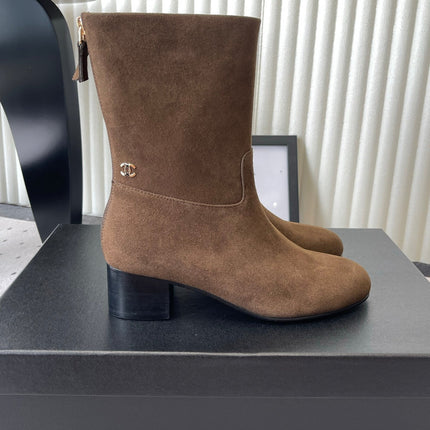 CHANEL 26S MID CALF BLOCK HEEL BOOTS 50MM IN BROWN SUEDE