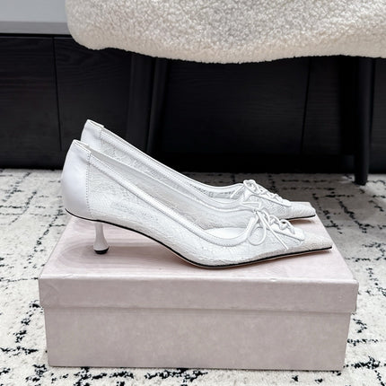 JIMMY CHOO 26S LACE-UP HIGH HEELS 45 MM IN WHITE LACE FABRIC