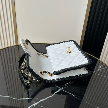 CHANEL 26S FLAP BAG 19 IN WHITE QUILTED LAMBSKIN WITH BLACK LEATHER TRIM