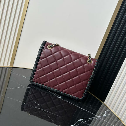 CHANEL 26S FLAP BAG 22 IN BURGUNDY QUILTED LAMBSKIN WITH BLACK LEATHER TRIM