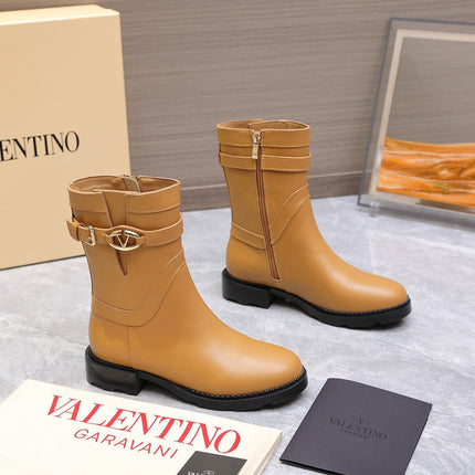 VALENTINO 25S FLAT ANKLE BOOTS IN LIGHT BROWN CALFSKIN