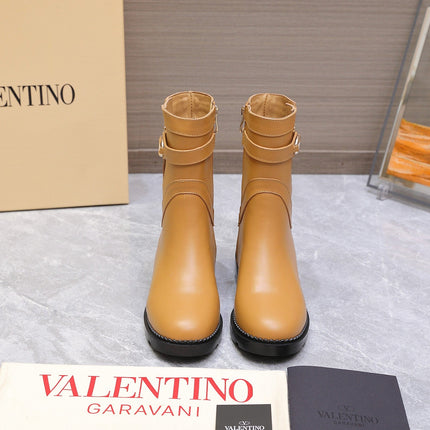 VALENTINO 25S FLAT ANKLE BOOTS IN LIGHT BROWN CALFSKIN