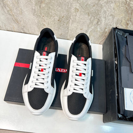 PRA SNEAKER WHITE MIX BLACK CALFSKIN AND MESH FABRIC