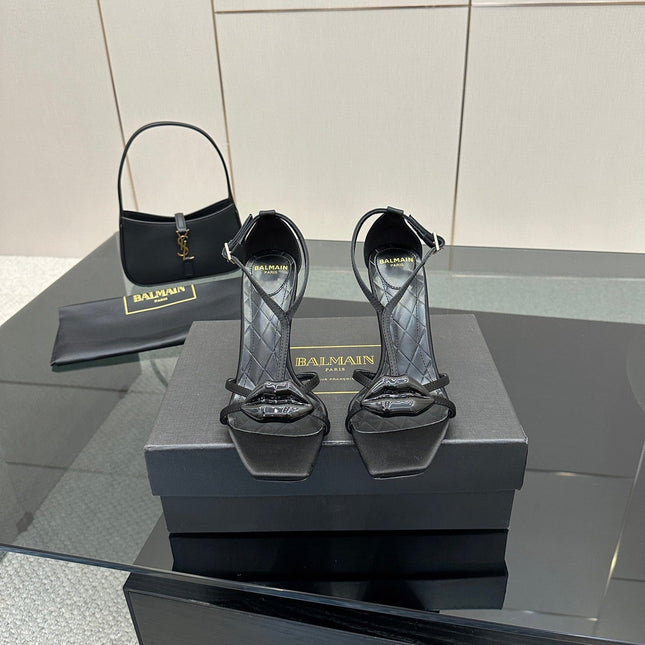 BALMAIN 25S LIPS SANDALS 10 IN BLACK SATIN