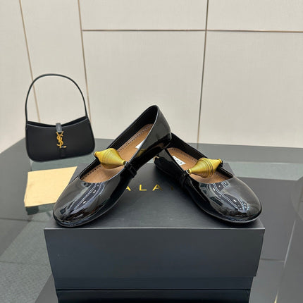 ALAIA BALLET SHOES 25S IN BLACK PATENT LEATHER WITH GOLD HARDWARE