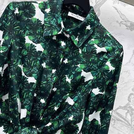 MAX MARA LONG-SLEEVE SHIRT DRESS WITH LEAF PRINT IN GREEN 267787