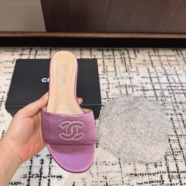 SLIPPERS IN LILAC PURPLE SATIN MIX CALFSKIN