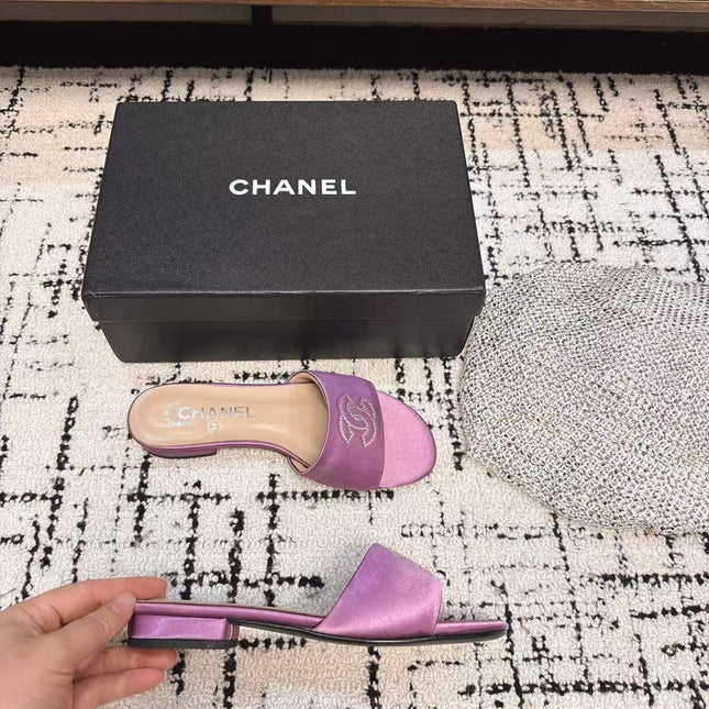 SLIPPERS IN LILAC PURPLE SATIN MIX CALFSKIN