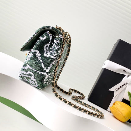 CHANEL 26S CLASSIC FLAP BAG 21 IN MOSS GREEN MIX WHITE SEQUINS