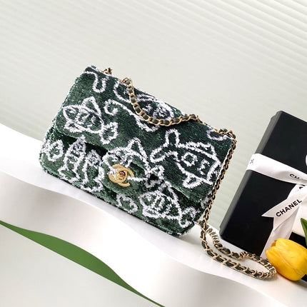 CHANEL 26S CLASSIC FLAP BAG 21 IN MOSS GREEN MIX WHITE SEQUINS