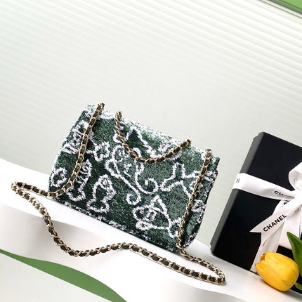 CHANEL 26S CLASSIC FLAP BAG 21 IN MOSS GREEN MIX WHITE SEQUINS