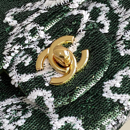 CHANEL 26S CLASSIC FLAP BAG 21 IN MOSS GREEN MIX WHITE SEQUINS
