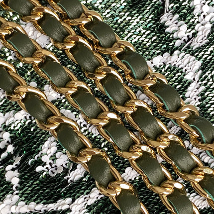 CHANEL 26S CLASSIC FLAP BAG 21 IN MOSS GREEN MIX WHITE SEQUINS
