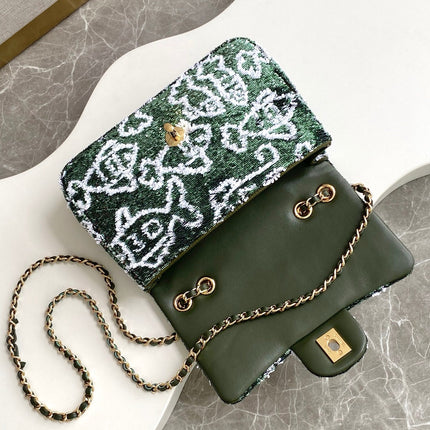 CHANEL 26S CLASSIC FLAP BAG 21 IN MOSS GREEN MIX WHITE SEQUINS