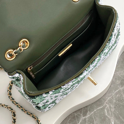 CHANEL 26S CLASSIC FLAP BAG 21 IN MOSS GREEN MIX WHITE SEQUINS