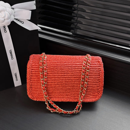 CHANEL 26S FLAP BAG 25 IN CORAL ORANGE RAFFIA