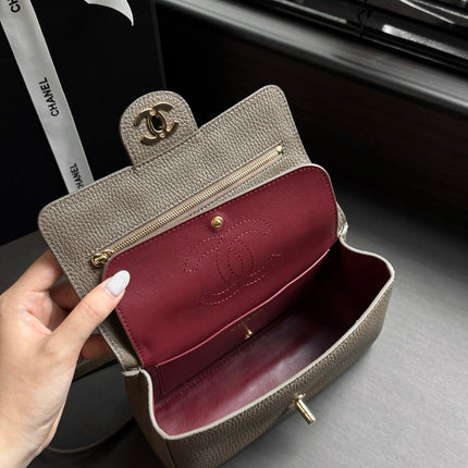 CHANEL 26S CLASSIC MINI FLAP BAG 20 IN TAUPE BROWN CAVIAR LEATHER
