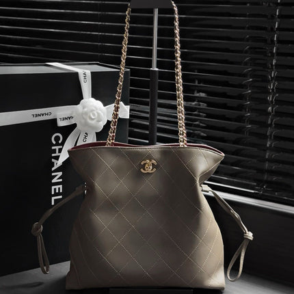 CHANEL 26S DRAWSTRING TOTE BAG 34 IN KHAKI BROWN QUILTED CALFSKIN