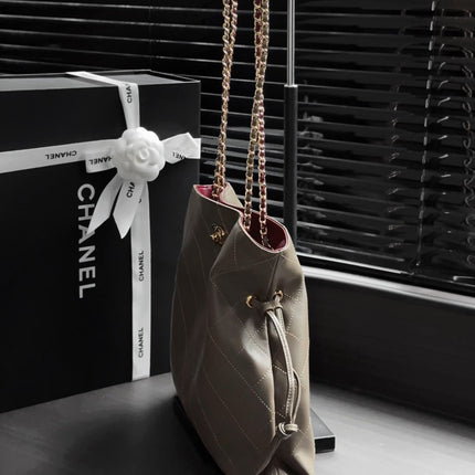 CHANEL 26S DRAWSTRING TOTE BAG 34 IN KHAKI BROWN QUILTED CALFSKIN