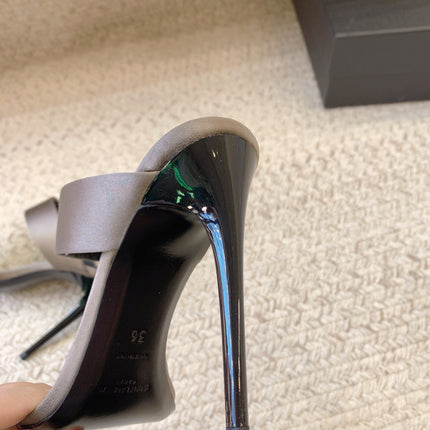 MARTHA POINTED OPEN-TOE HIGH MULES IN GRAY SILK