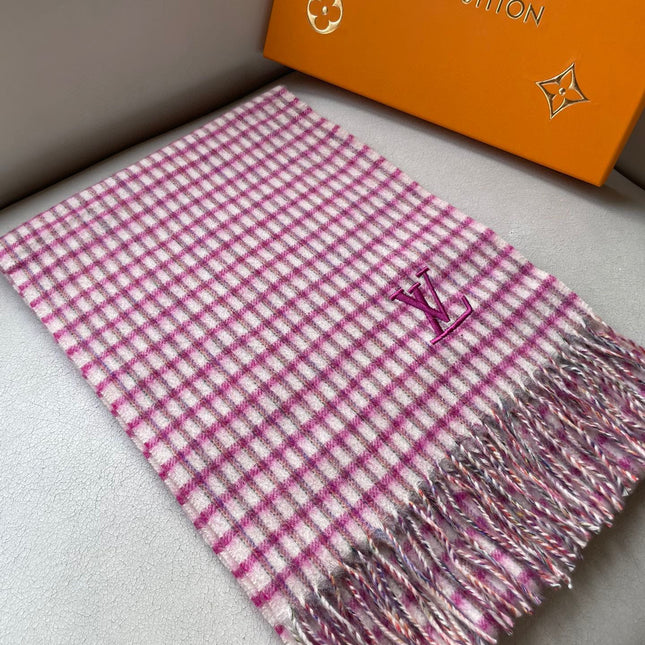 PLAID EMBROIDERY SCARF 180 CM IN BRIGHT PINK CASHMERE 399964