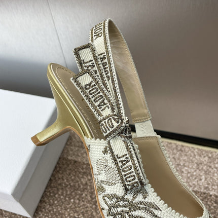 J'ADIOR HIGH SLINGBACK PUMP WHITE AND GOLD-TONE MILLEFIORI JACQUARD 65 MM