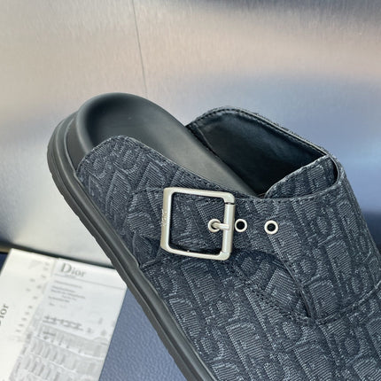 DIOR 25S AQUA MULES WITH OBLIQUE PATTERN IN DARK BLUE CANVAS
