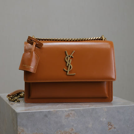 YSL 25S SUNSET BAG 22 IN DARK CARAMEL CALFSKIN GOLD HARDWARE