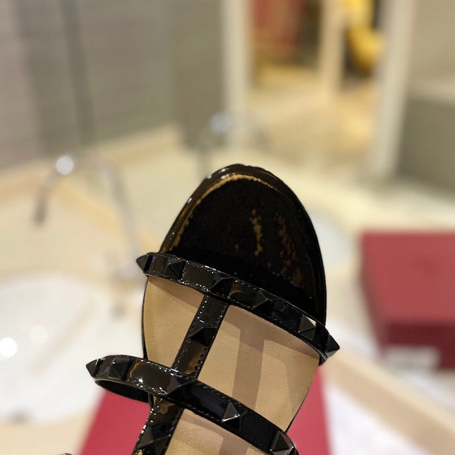 VALENTINO 26S ROCKSTUD CAGED SANDALS IN BLACK PATENT CALFSKIN