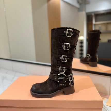 THICK-SOLED BUCKLE BOOTS IN BLACK SUEDE
