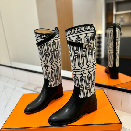 JUMPING BOOT 2 CM IN BLACK CALFSKIN AND BLACK MIX WHITE FABRIC