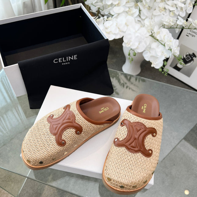 CELINE 26S TRIOMPHE MULES IN BEIGE RAFFIA AND BROWN CALFSKIN