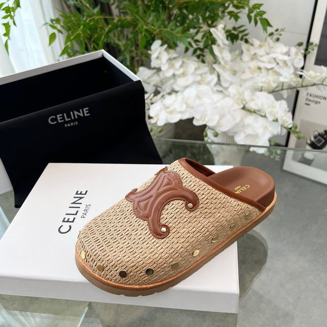 CELINE 26S TRIOMPHE MULES IN BEIGE RAFFIA AND BROWN CALFSKIN