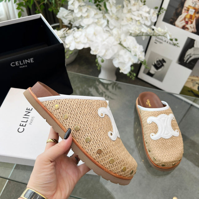 CELINE 26S TRIOMPHE MULES IN BEIGE RAFFIA AND WHITE CALFSKIN