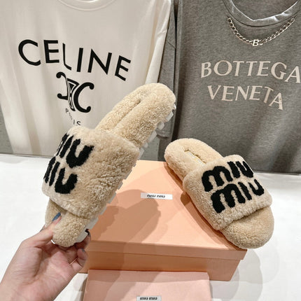 MIUMIU 26S SANDALS IN BEIGE SHEARLING WITH LOGO LETTERING