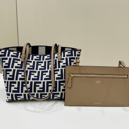 FENDI ROLL 22 TOTE BAG IN MIDNIGHT BLUE MIX WHITE CANVAS