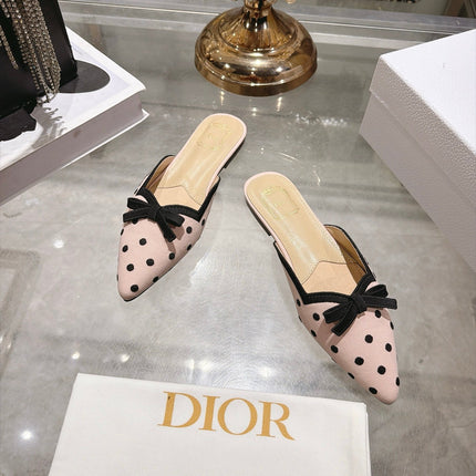 DIOR 26S POINTED TOE MULES IN PINK AND BLACK POLKA DOT FABRIC WITH BOW